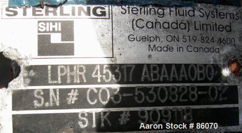 Used Sihi Liquid Ring Vacuum Pump, Model LPH45317, Carbon Steel. 1 1/2" inlet/outlet with manifold. Approximate 105 CFM at 4" to 12" HG. Driven by a 10 HP, 3/60/230/460 Volt, 1760 RPM motor. Mounted ...