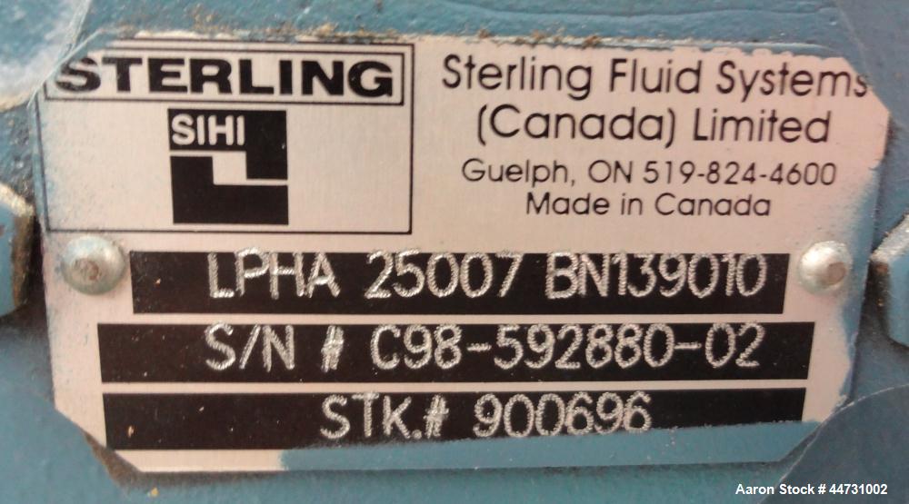 Used Sihi Liquid Ring Vacuum Pump, Model LPHA 25007 BN139010, Carbon Steel. 1-1/4" Inlet/outlet. Approximately 31 cfm at 20" Hg. Driven by a 3 hp, 3/60/208-230/460 volt, 3450 rpm motor. Base mounted.
