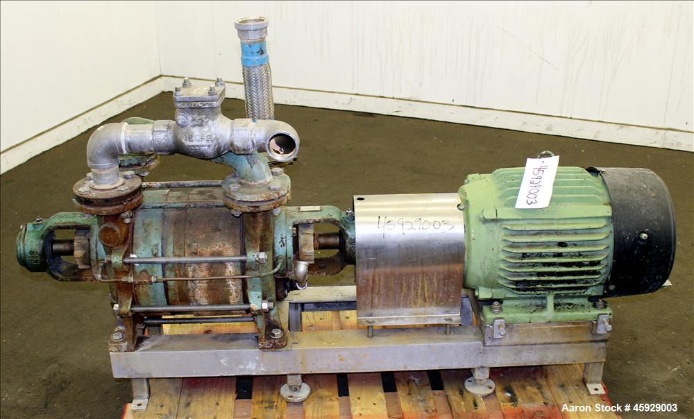 Used Sihi Liquid Ring Vacuum Pump, Model LPHA-5612-PN041010, Carbon Steel. 2" inlet/outlet. 177 CFM with 20" Hg at 1750 RPM. Driven by 20hp, 3/60/575 volt, 1770 RPM, motor. Base mounted. Serial# 2954...