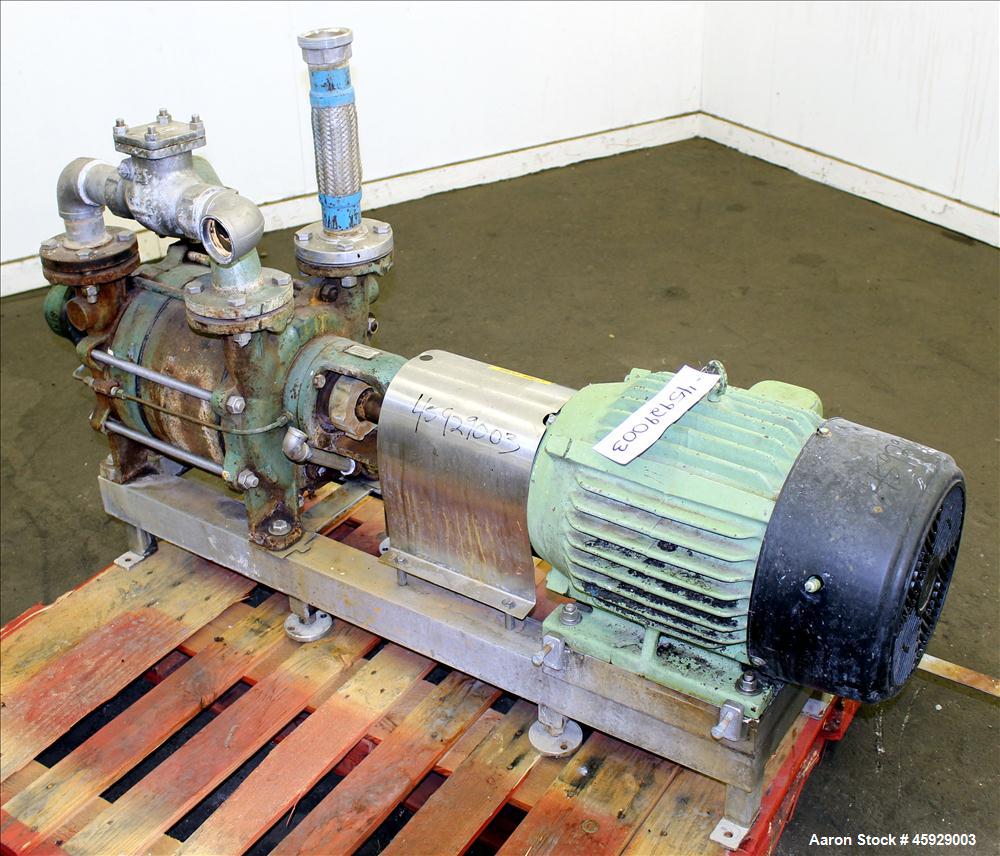 Used Sihi Liquid Ring Vacuum Pump, Model LPHA-5612-PN041010, Carbon Steel. 2" inlet/outlet. 177 CFM with 20" Hg at 1750 RPM. Driven by 20hp, 3/60/575 volt, 1770 RPM, motor. Base mounted. Serial# 2954...