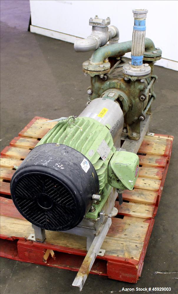 Used Sihi Liquid Ring Vacuum Pump, Model LPHA-5612-PN041010, Carbon Steel. 2" inlet/outlet. 177 CFM with 20" Hg at 1750 RPM. Driven by 20hp, 3/60/575 volt, 1770 RPM, motor. Base mounted. Serial# 2954...