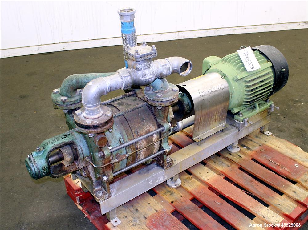 Used Sihi Liquid Ring Vacuum Pump, Model LPHA-5612-PN041010, Carbon Steel. 2" inlet/outlet. 177 CFM with 20" Hg at 1750 RPM. Driven by 20hp, 3/60/575 volt, 1770 RPM, motor. Base mounted. Serial# 2954...