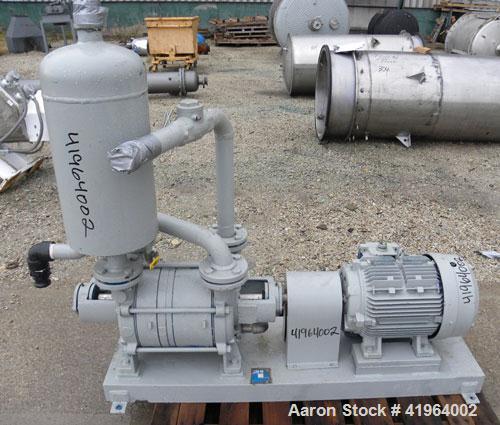 Used Sihi Liquid Ring Vacuum Pump, Model LPHR-55312, Carbon Steel. 2" inlet/outlet. Approximately 185 cfm at 20" HG. Driven by a 15 hp, 3/60/230/460 volt, 1760 rpm motor. Base mounted with a tank.