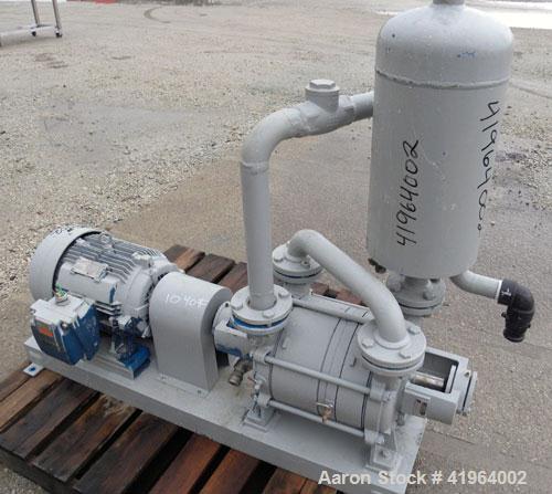 Used Sihi Liquid Ring Vacuum Pump, Model LPHR-55312, Carbon Steel. 2" inlet/outlet. Approximately 185 cfm at 20" HG. Driven by a 15 hp, 3/60/230/460 volt, 1760 rpm motor. Base mounted with a tank.