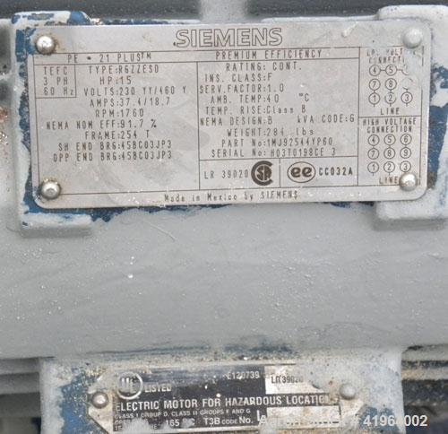 Used Sihi Liquid Ring Vacuum Pump, Model LPHR-55312, Carbon Steel. 2" inlet/outlet. Approximately 185 cfm at 20" HG. Driven by a 15 hp, 3/60/230/460 volt, 1760 rpm motor. Base mounted with a tank.