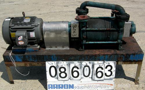 USED: Sihi liquid ring vacuum pump, model LPHR55320, carbon steel. 2" inlet/outlet with manifold. Approximate cfm 200 at 4" to 12" hg. Driven by a 20 hp, 3/60/230/460 volt, 1750 rpm motor. Frame moun...