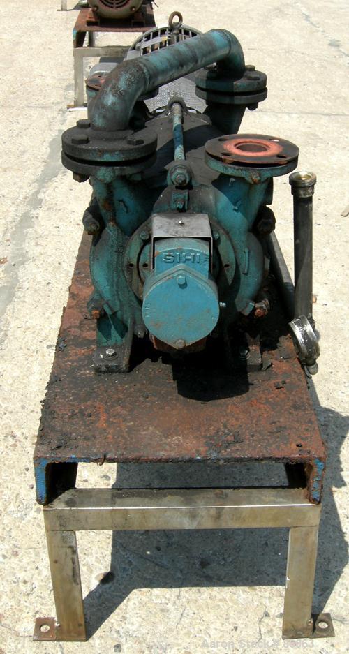 USED: Sihi liquid ring vacuum pump, model LPHR55320, carbon steel. 2" inlet/outlet with manifold. Approximate cfm 200 at 4" to 12" hg. Driven by a 20 hp, 3/60/230/460 volt, 1750 rpm motor. Frame moun...