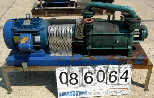 USED: Sihi liquid ring vacuum pump, model LPHR55320, carbon steel. 2" inlet/outlet with manifold. Approx cfm 200 at 4" to 12" hg. Driven by a 20 hp, 3/60/230/460 volt, 1750 rpm motor. Frame mounted.