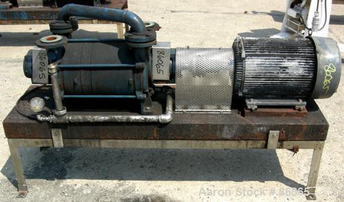 USED: Sihi liquid ring vacuum pump, model LPHR55320, carbon steel. 2" inlet/outlet with manifold. Approximate cfm 200 at 4" to 12" hg. Driven by a 20 hp, 3/60/230/460 volt, 1750 rpm motor. Frame moun...