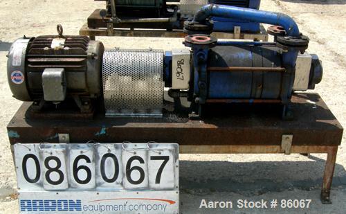 USED: Sihi liquid ring vacuum pump, model LPHR55320, carbon steel. 2" inlet/outlet with manifold. Approximate cfm 200 at 4" to 12" hg. Driven by a 20 hp, 3/60/230/460 volt, 1750 rpm motor. Frame moun...