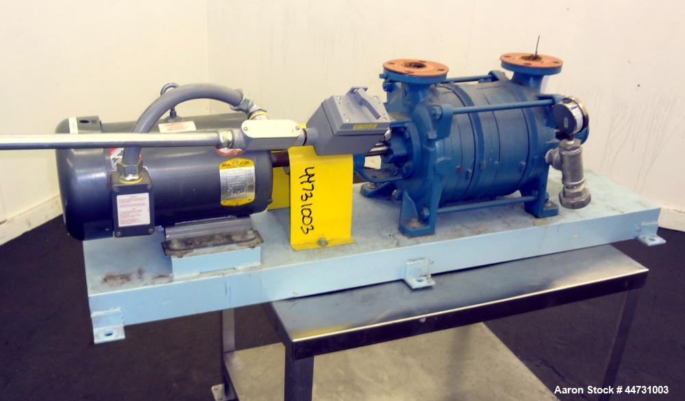 Used Sihi Liquid Ring Vacuum Pump, Model LPHY 3708 BN115012, Carbon Steel. 1-1/2" Inlet/outlet. Approximately 44 cfm at 20" Hg. Driven by a 5 hp, 3/60/208-230/460 volt, 1750 rpm motor. Base mounted.