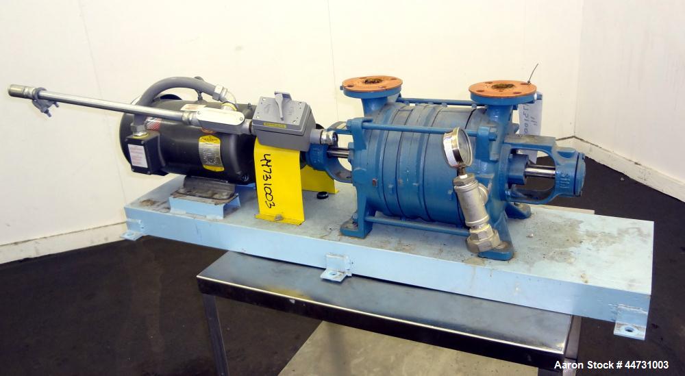 Used Sihi Liquid Ring Vacuum Pump, Model LPHY 3708 BN115012, Carbon Steel. 1-1/2" Inlet/outlet. Approximately 44 cfm at 20" Hg. Driven by a 5 hp, 3/60/208-230/460 volt, 1750 rpm motor. Base mounted.
