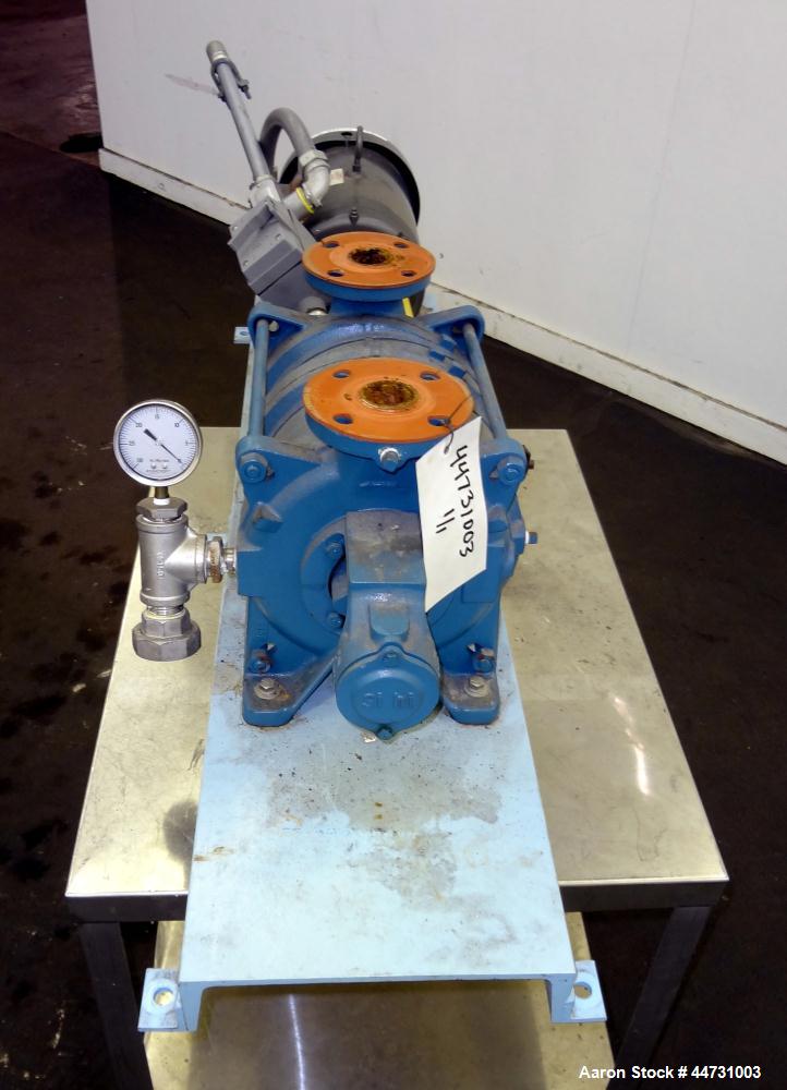 Used Sihi Liquid Ring Vacuum Pump, Model LPHY 3708 BN115012, Carbon Steel. 1-1/2" Inlet/outlet. Approximately 44 cfm at 20" Hg. Driven by a 5 hp, 3/60/208-230/460 volt, 1750 rpm motor. Base mounted.
