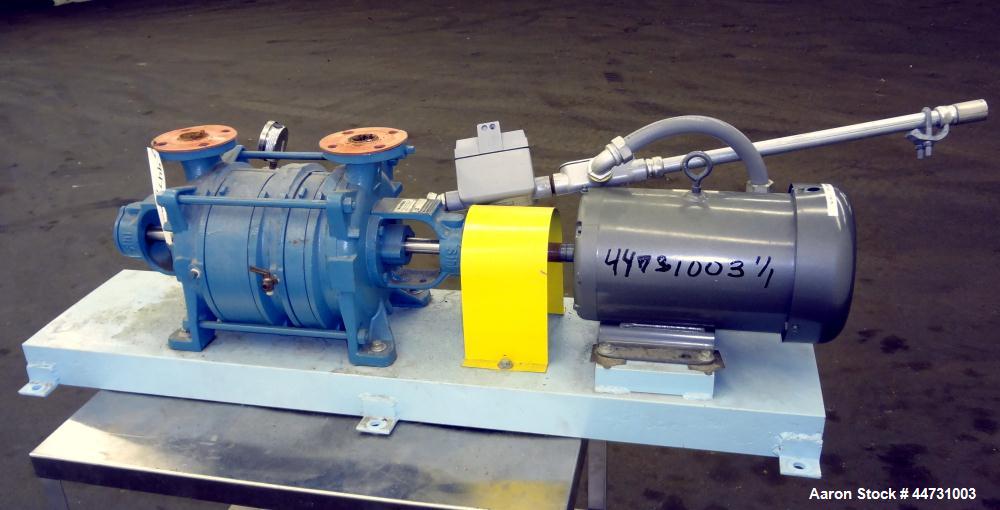 Used Sihi Liquid Ring Vacuum Pump, Model LPHY 3708 BN115012, Carbon Steel. 1-1/2" Inlet/outlet. Approximately 44 cfm at 20" Hg. Driven by a 5 hp, 3/60/208-230/460 volt, 1750 rpm motor. Base mounted.