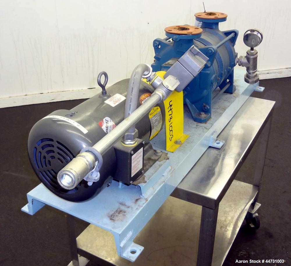 Used Sihi Liquid Ring Vacuum Pump, Model LPHY 3708 BN115012, Carbon Steel. 1-1/2" Inlet/outlet. Approximately 44 cfm at 20" Hg. Driven by a 5 hp, 3/60/208-230/460 volt, 1750 rpm motor. Base mounted.