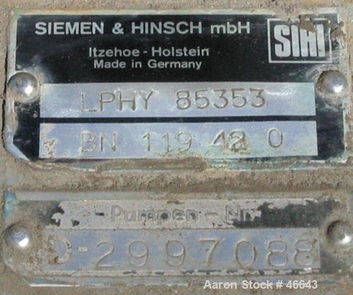 Used SIHI Liquid Ring Vacuum Pump, Model LPHY85353. 6" x 6" Stainless steel. Base mounted, 125 hp belt driven, 460V/1780 rpm. Nominal capacity 1440 cfm @ 20" HG @ 880 rpm. .