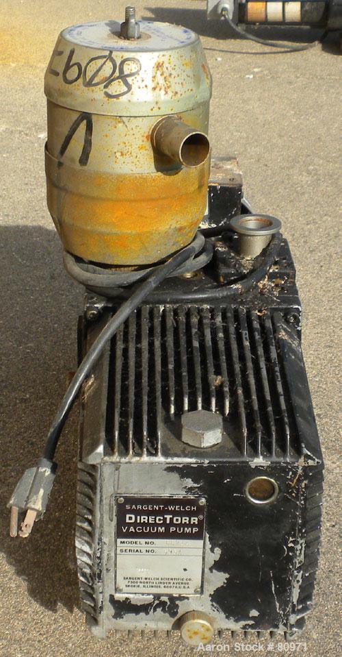 Used Sargent-Welch DirecTorr Vacuum Pump, Model 8821A, Rated 7 CFM. Driven by a 1/2 HP, 1/60/115/208-230 Volt, 1725 RPM motor. Includes a top mounted filter.