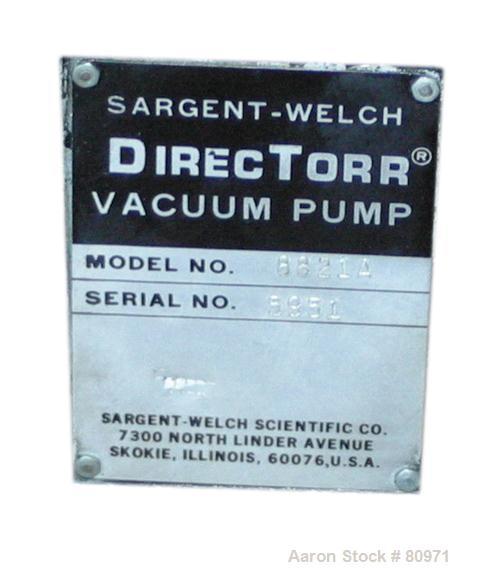 Used Sargent-Welch DirecTorr Vacuum Pump, Model 8821A, Rated 7 CFM. Driven by a 1/2 HP, 1/60/115/208-230 Volt, 1725 RPM motor. Includes a top mounted filter.