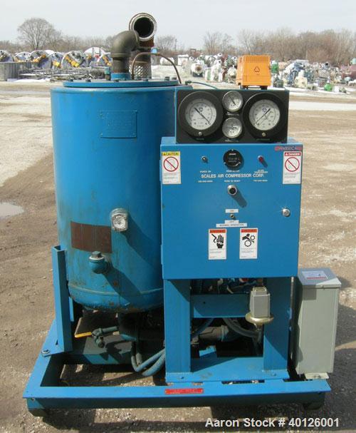 Used: Scales Air Compressor Corp Rotary Screw Vacuum Pump, Model SVSD-40.  Air cooled, 550 ACFM,  4" inlet/outlet.  Rated 29.9" Hg vacuum to 10" Hg vacuum max.  Driven by a 40 hp, 3/60/230/460 volt, ...