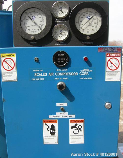 Used: Scales Air Compressor Corp Rotary Screw Vacuum Pump, Model SVSD-40.  Air cooled, 550 ACFM,  4" inlet/outlet.  Rated 29.9" Hg vacuum to 10" Hg vacuum max.  Driven by a 40 hp, 3/60/230/460 volt, ...
