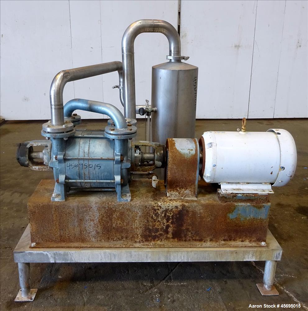 Used Squire-Cogswell Liquid Ring Two Stage Vacuum Pump, Type P512/CH41-215A, Stainless Steel. Nominal capacity 177 Cubic feet per minute. 2" Connections. Driven by a 15hp, 3/60/230/460 volt, 1760 rpm...