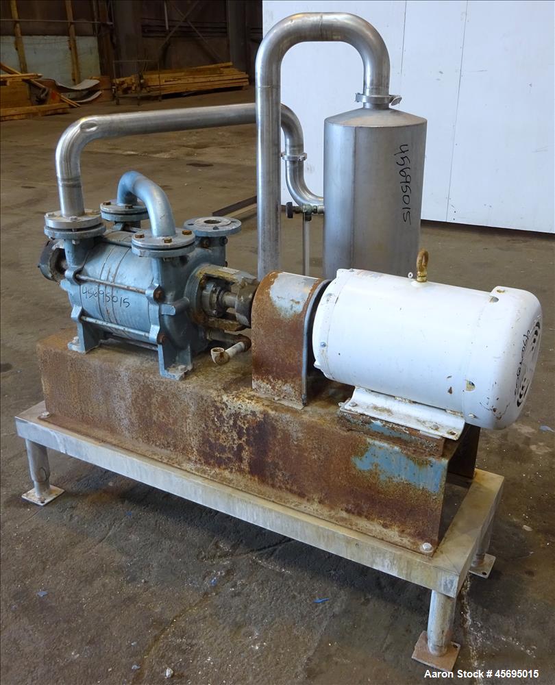 Used Squire-Cogswell Liquid Ring Two Stage Vacuum Pump, Type P512/CH41-215A, Stainless Steel. Nominal capacity 177 Cubic feet per minute. 2" Connections. Driven by a 15hp, 3/60/230/460 volt, 1760 rpm...