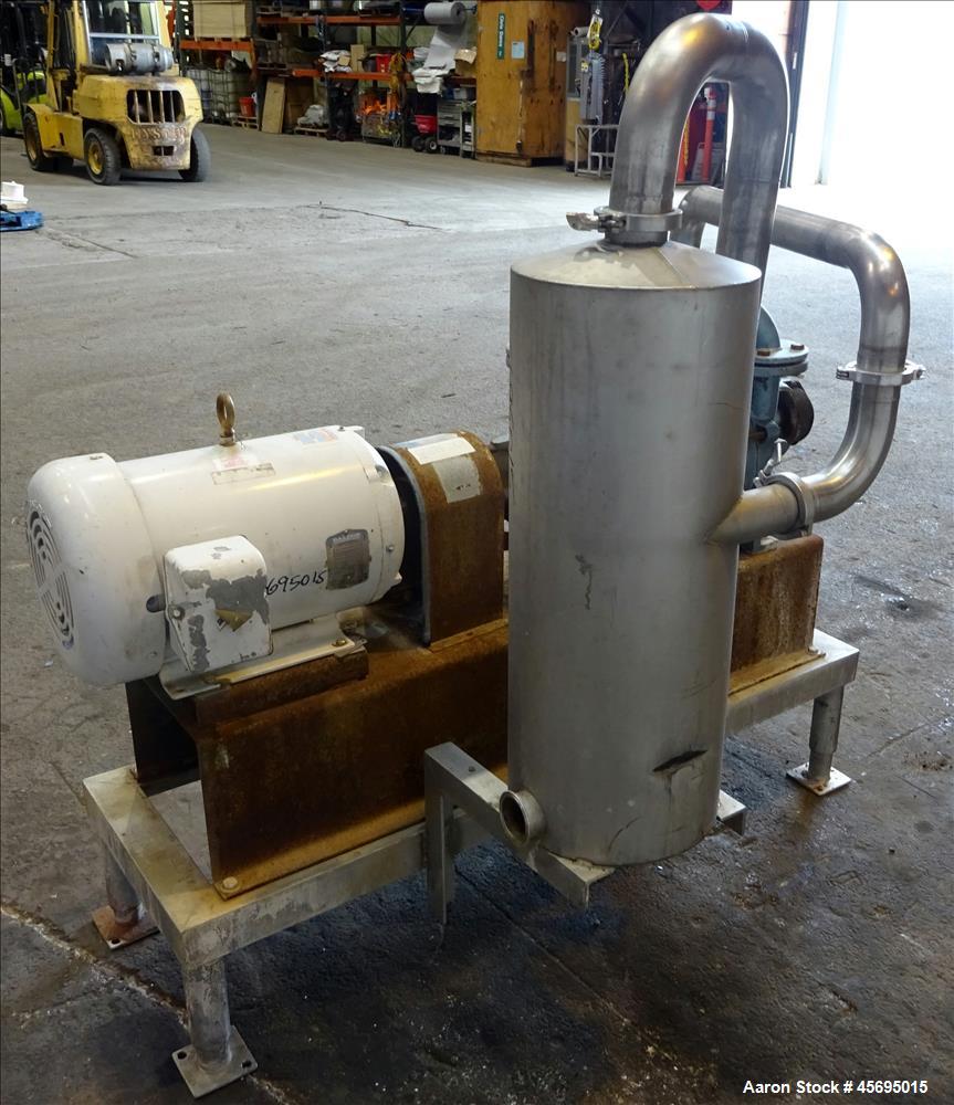 Used Squire-Cogswell Liquid Ring Two Stage Vacuum Pump, Type P512/CH41-215A, Stainless Steel. Nominal capacity 177 Cubic feet per minute. 2" Connections. Driven by a 15hp, 3/60/230/460 volt, 1760 rpm...