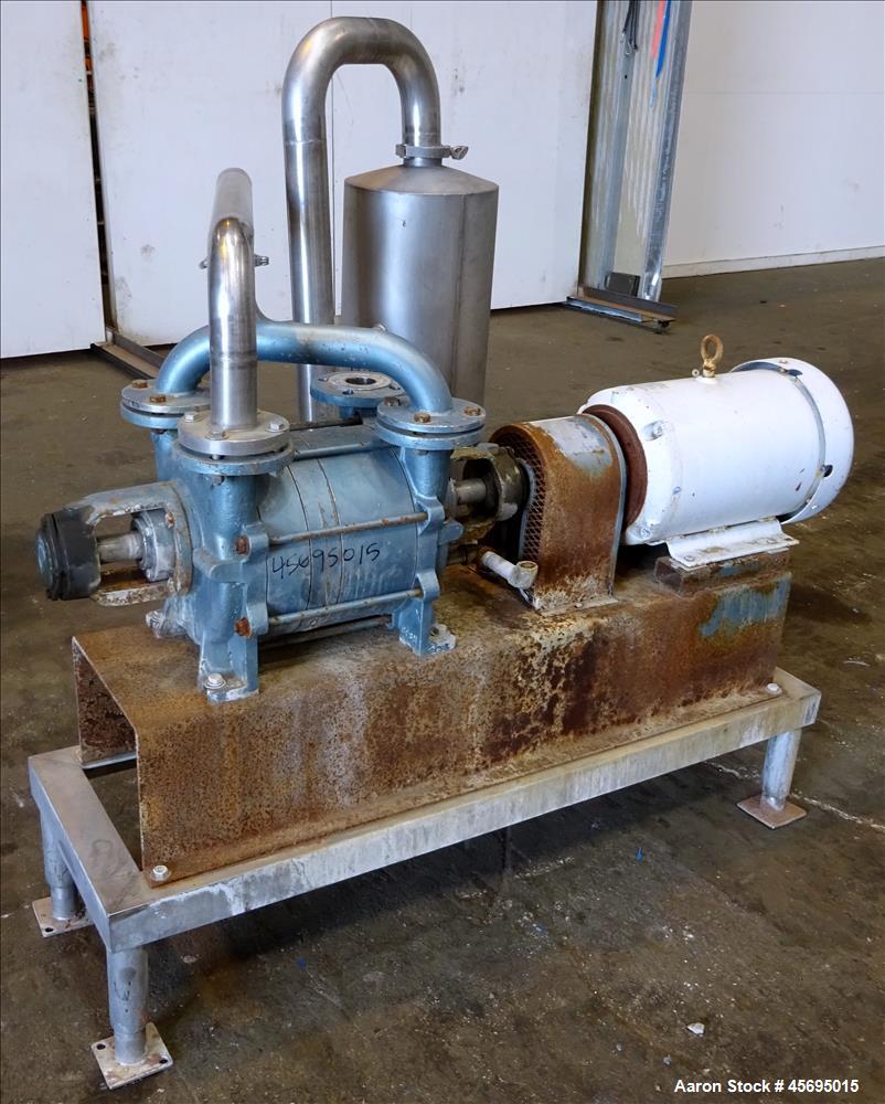 Used Squire-Cogswell Liquid Ring Two Stage Vacuum Pump, Type P512/CH41-215A, Stainless Steel. Nominal capacity 177 Cubic feet per minute. 2" Connections. Driven by a 15hp, 3/60/230/460 volt, 1760 rpm...