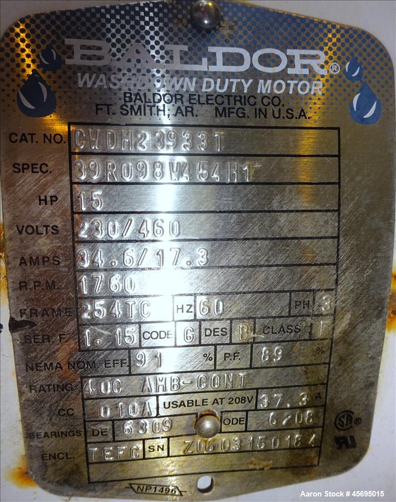 Used Squire-Cogswell Liquid Ring Two Stage Vacuum Pump, Type P512/CH41-215A, Stainless Steel. Nominal capacity 177 Cubic feet per minute. 2" Connections. Driven by a 15hp, 3/60/230/460 volt, 1760 rpm...
