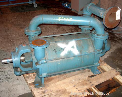 USED: Squire Cogswell 2 stage liquid ring vacuum pump, model P740/FB1119-275A14M, carbon steel. 4" inlet/outlet. Approx 545 cfm at 28.9" HG at 1150 rpm. Unit requires an approx 75 hp motor and base.