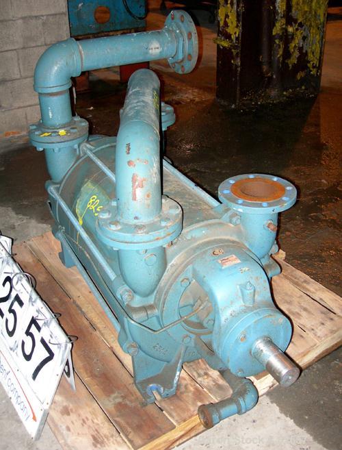 USED: Squire Cogswell 2 stage liquid ring vacuum pump, model P740/FB1119-275A14M, carbon steel. 4" inlet/outlet. Approx 545 cfm at 28.9" HG at 1150 rpm. Unit requires an approx 75 hp motor and base.