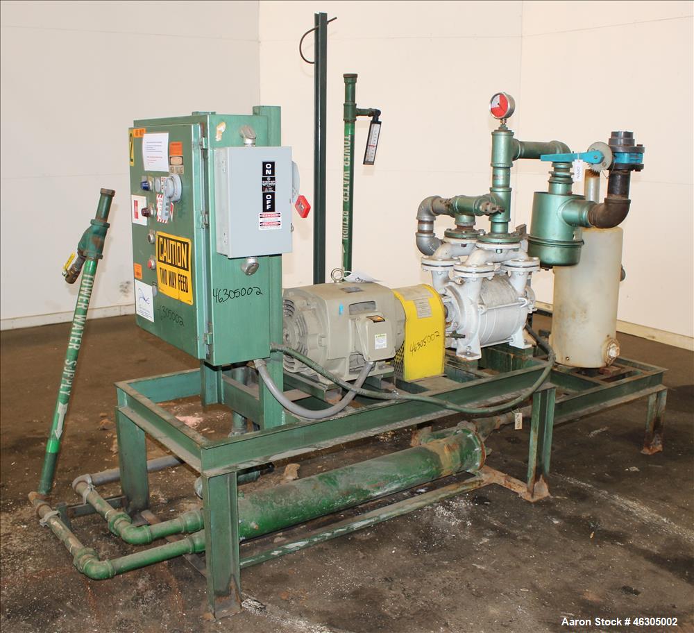 Used Squire Cogswell Vacuum Pump System consisting of (1) Squire Cogswell liquid ring vacuum pump, model RVM 19 UG, carbon steel. Approximately 240 cfm, serial #H5402AU, 2-1/2" inlet/outlet, driven b...