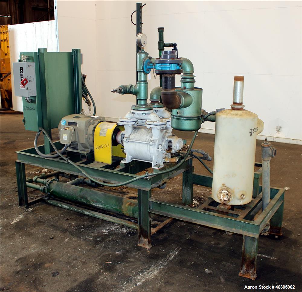 Used Squire Cogswell Vacuum Pump System consisting of (1) Squire Cogswell liquid ring vacuum pump, model RVM 19 UG, carbon steel. Approximately 240 cfm, serial #H5402AU, 2-1/2" inlet/outlet, driven b...