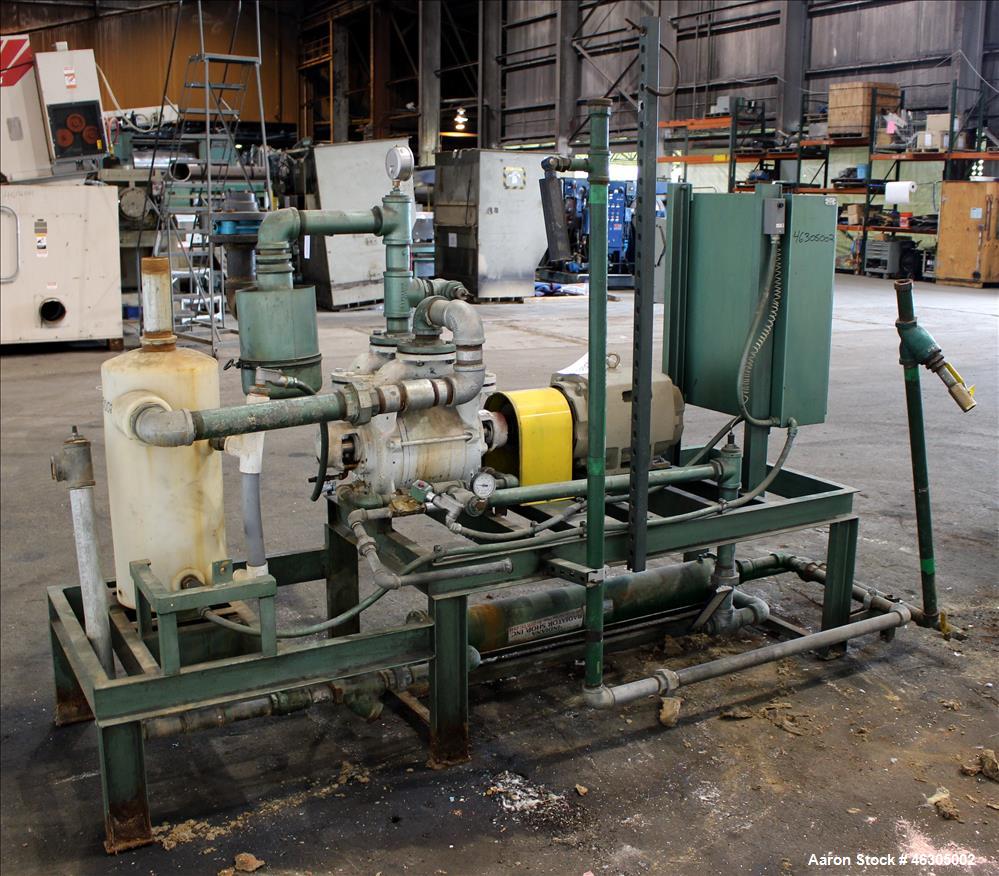 Used Squire Cogswell Vacuum Pump System consisting of (1) Squire Cogswell liquid ring vacuum pump, model RVM 19 UG, carbon steel. Approximately 240 cfm, serial #H5402AU, 2-1/2" inlet/outlet, driven b...