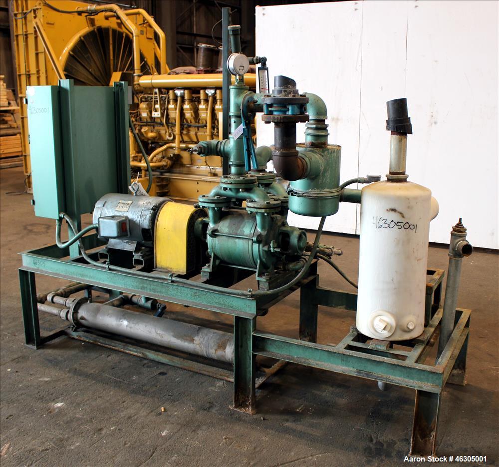 Used Squire Cogswell Vacuum Pump System consisting of (1) Squire Cogswell liquid ring vacuum pump, model RVM 19, carbon steel. Approximately 240 cfm, serial #N8334, 2-1/2" inlet/outlet, driven by 20 ...