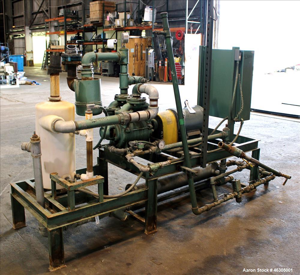 Used Squire Cogswell Vacuum Pump System consisting of (1) Squire Cogswell liquid ring vacuum pump, model RVM 19, carbon steel. Approximately 240 cfm, serial #N8334, 2-1/2" inlet/outlet, driven by 20 ...