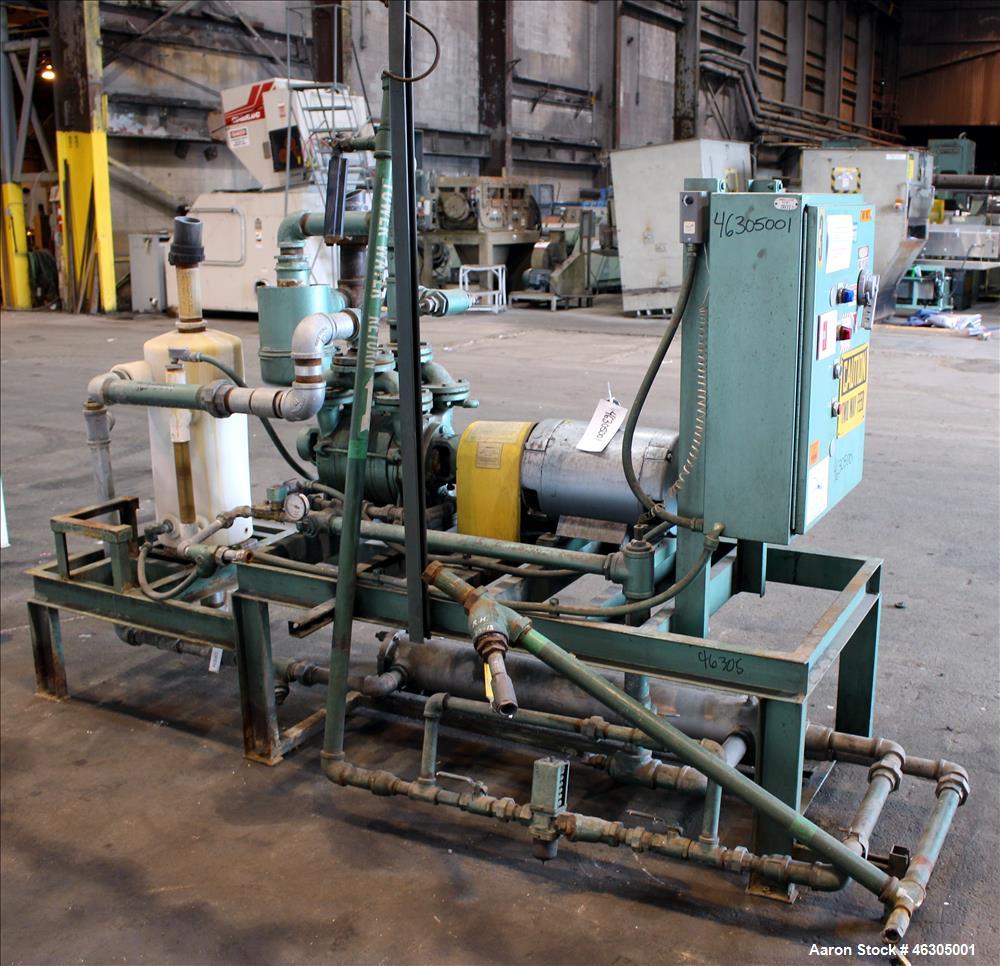 Used Squire Cogswell Vacuum Pump System consisting of (1) Squire Cogswell liquid ring vacuum pump, model RVM 19, carbon steel. Approximately 240 cfm, serial #N8334, 2-1/2" inlet/outlet, driven by 20 ...