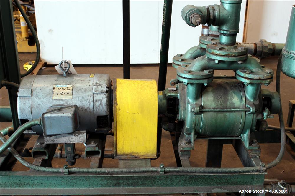 Used Squire Cogswell Vacuum Pump System consisting of (1) Squire Cogswell liquid ring vacuum pump, model RVM 19, carbon steel. Approximately 240 cfm, serial #N8334, 2-1/2" inlet/outlet, driven by 20 ...