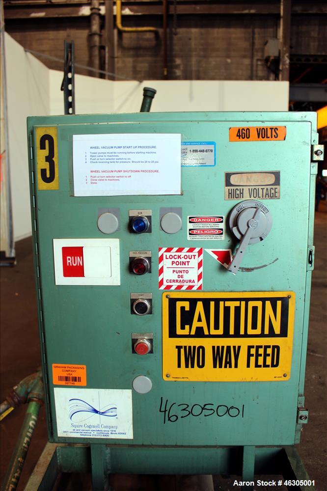 Used Squire Cogswell Vacuum Pump System consisting of (1) Squire Cogswell liquid ring vacuum pump, model RVM 19, carbon steel. Approximately 240 cfm, serial #N8334, 2-1/2" inlet/outlet, driven by 20 ...