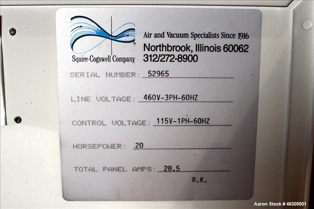 Used Squire Cogswell Vacuum Pump System consisting of (1) Squire Cogswell liquid ring vacuum pump, model RVM 19, carbon steel. Approximately 240 cfm, serial #N8334, 2-1/2" inlet/outlet, driven by 20 ...