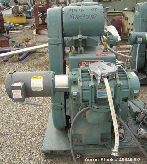 Used Stokes Microvac Rotary Piston Vacuum Pump, model 212-11, carbon steel. Approximately 150 cfm. 3" inlet, 2" outlet. Driven by a 7 1/2 hp, 3/60/208-230/460 volt, 1725 rpm motor. Includes a Stokes ...