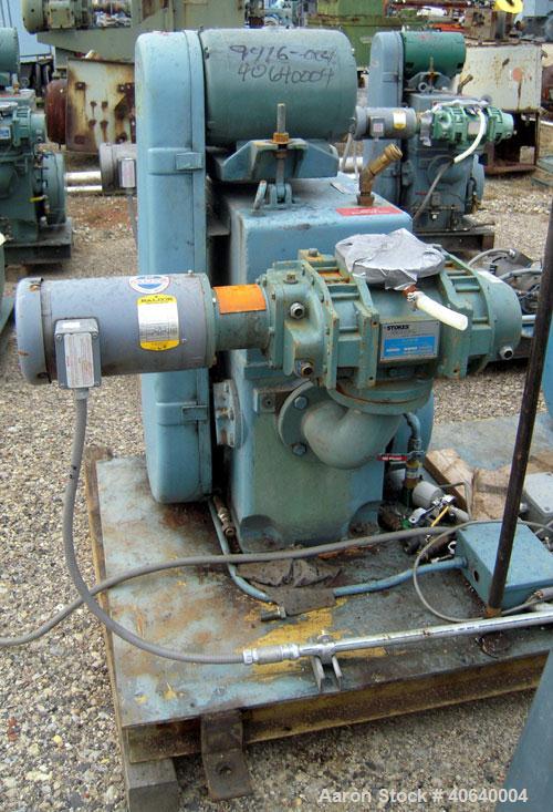 Used Stokes Microvac Rotary Piston Vacuum Pump, model 212-11, carbon steel. Approximately 150 cfm. 3" inlet, 2" outlet. Driven by a 7 1/2 hp, 3/60/208-230/460 volt, 1725 rpm motor. Includes a Stokes ...