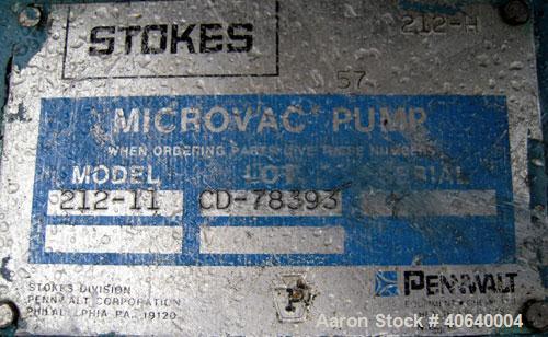 Used Stokes Microvac Rotary Piston Vacuum Pump, model 212-11, carbon steel. Approximately 150 cfm. 3" inlet, 2" outlet. Driven by a 7 1/2 hp, 3/60/208-230/460 volt, 1725 rpm motor. Includes a Stokes ...