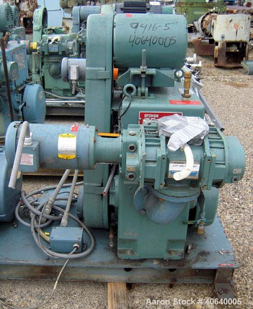 Used Stokes Microvac Rotary Piston Vacuum Pump, model 212-11, carbon steel. Approximately 150 cfm. 3" inlet, 2" outlet. Driven by a 7 1/2 hp, 3/60/208-230/460 volt, 1725 rpm motor. Includes a Stokes ...