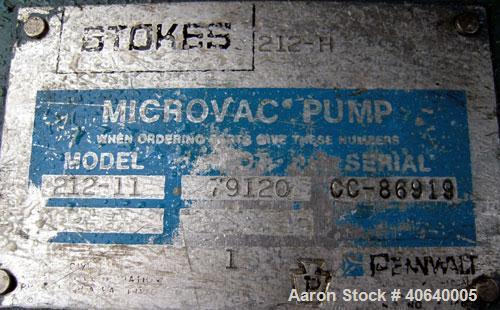 Used Stokes Microvac Rotary Piston Vacuum Pump, model 212-11, carbon steel. Approximately 150 cfm. 3" inlet, 2" outlet. Driven by a 7 1/2 hp, 3/60/208-230/460 volt, 1725 rpm motor. Includes a Stokes ...