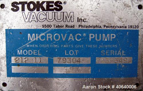 Used Stokes Microvac Rotary Piston Vacuum Pump, model 212-11, carbon steel. Approximately 150 cfm. 3" inlet, 2" outlet. Requires an approximate 7 1/2 motor. Includes a Stokes blower/booster, model 30...
