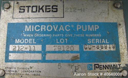 Used Stokes Microvac Rotary Piston Vacuum Pump, Model 212-11, carbon steel. Approximately 150 cfm. 3" inlet, 2" outlet. Driven by a 7 1/2 hp, 3/60/208-230/460 volt, 1725 rpm motor. Includes a Stokes ...
