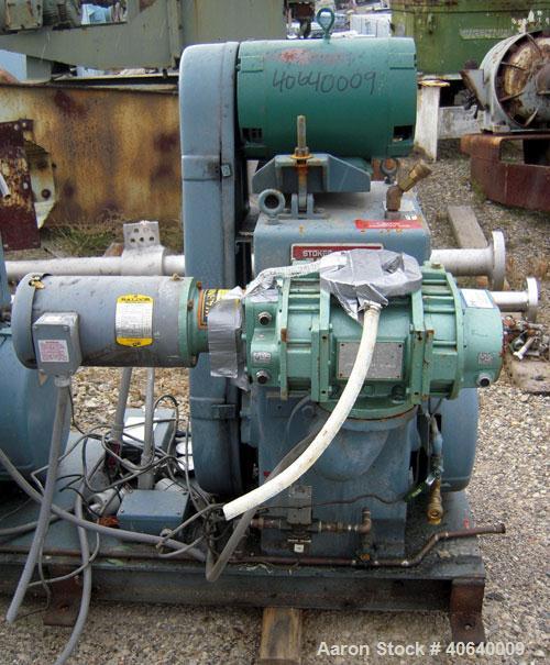 Used Stokes Microvac Rotary Piston Vacuum Pump, model 212-11, carbon steel. Approximately 150 cfm. 3'' inlet, 2'' outlet. Driven by a 7 1/2 hp, 3/60/208-230/460 volt, 1760 rpm motor. Includes a Stoke...