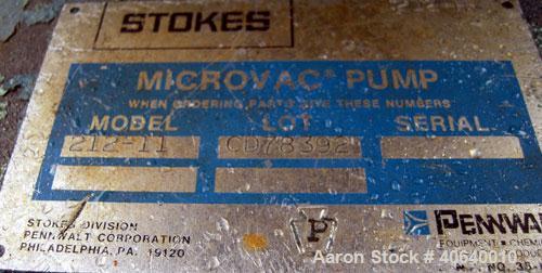 Used Stokes Microvac Rotary Piston Vacuum Pump, model 212-11, carbon steel. Approximately 150 cfm. 3'' inlet, 2'' outlet. Driven by a 7 1/2 hp, 3/60/208-230/460 volt, 1725 rpm motor. Includes a Stoke...