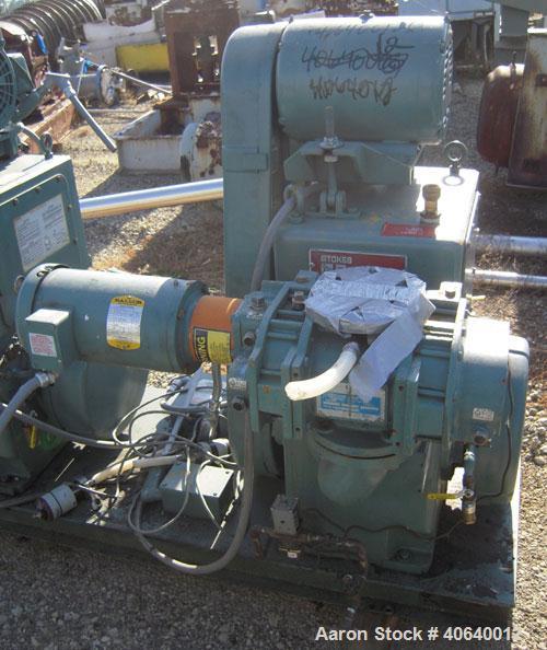 Used Stokes Microvac Rotary Piston Vacuum Pump, model 212-11, carbon steel. Approximately 150 cfm. 3'' inlet, 2'' outlet. Driven by a 7 1/2 hp, 3/60/208-230/460 volt, 1725 rpm motor. Includes a Stoke...